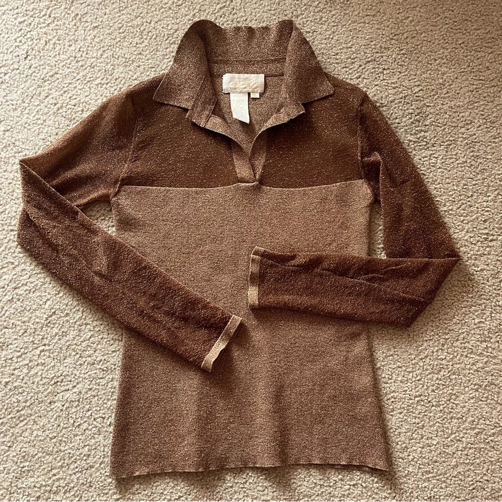 Cache S SILK Metallic Gold Mesh Collared Sweater Knit Top Holiday Elegant VtgY2K